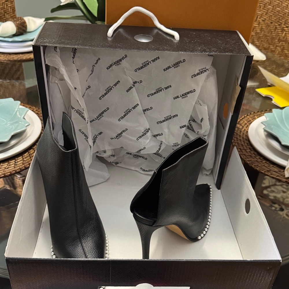 Karl Lagerfeld Black Heeled Boots with Pearl Trim - Picture 10 of 10